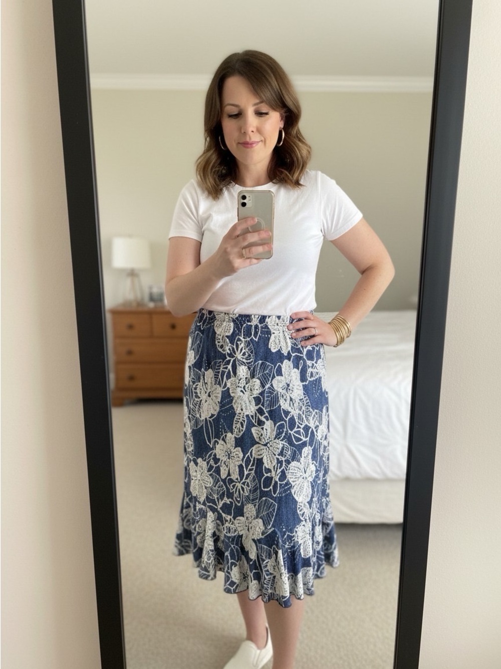 SJS Navy Blue Ivory Floral Midi Skirt Flounce Hem Stretch Size M